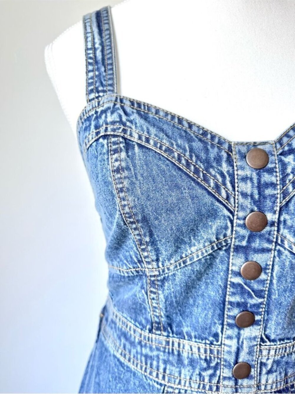 Japna Blue Denim Sweetheart Mini Dress with Faux Button Retro Coastal Cowgirl S - Picture 5 of 10